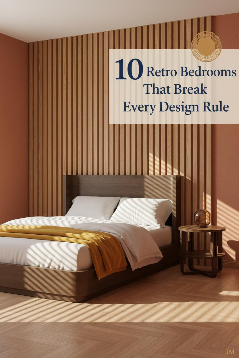 Retro 60s bedroom with honey oak slat paneling, terracotta plaster walls, herringbone parquet floor, mustard throw, and warm amber lamp lighting