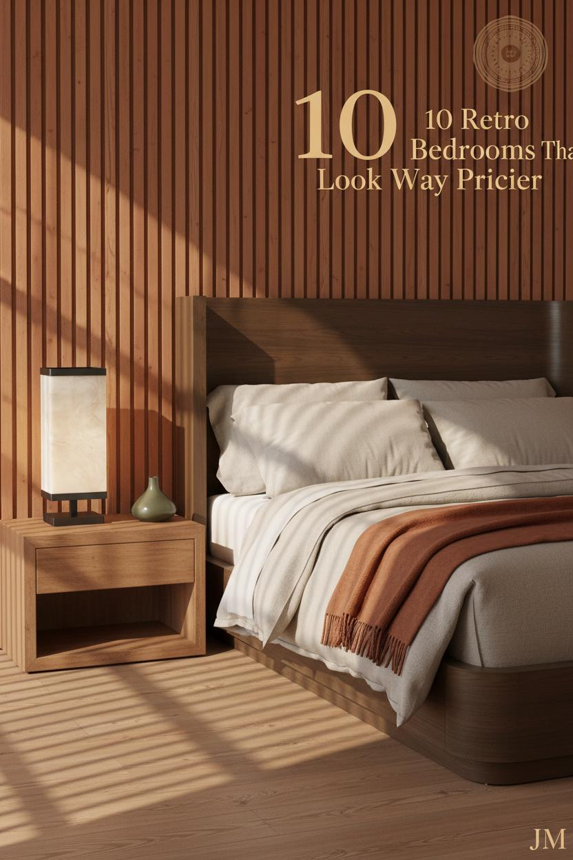 Retro bedroom with burnt sienna wood panel accent wall, honey oak floors, oatmeal linen bedding, rust mohair throw, and warm amber lamp glow