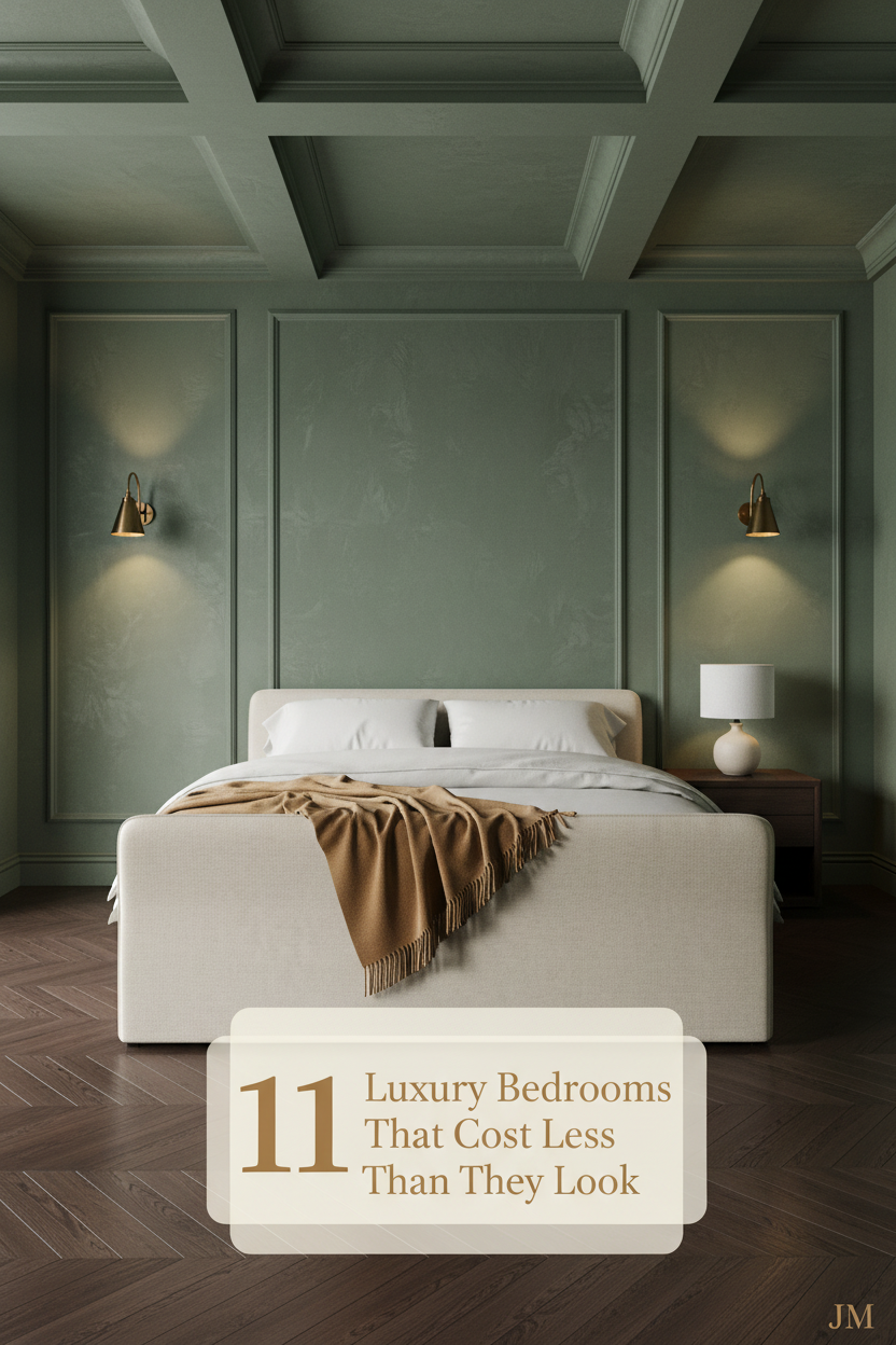 Luxury master bedroom with sage Venetian plaster walls, walnut herringbone floors, ivory bedding, camel throw, and warm brass sconces