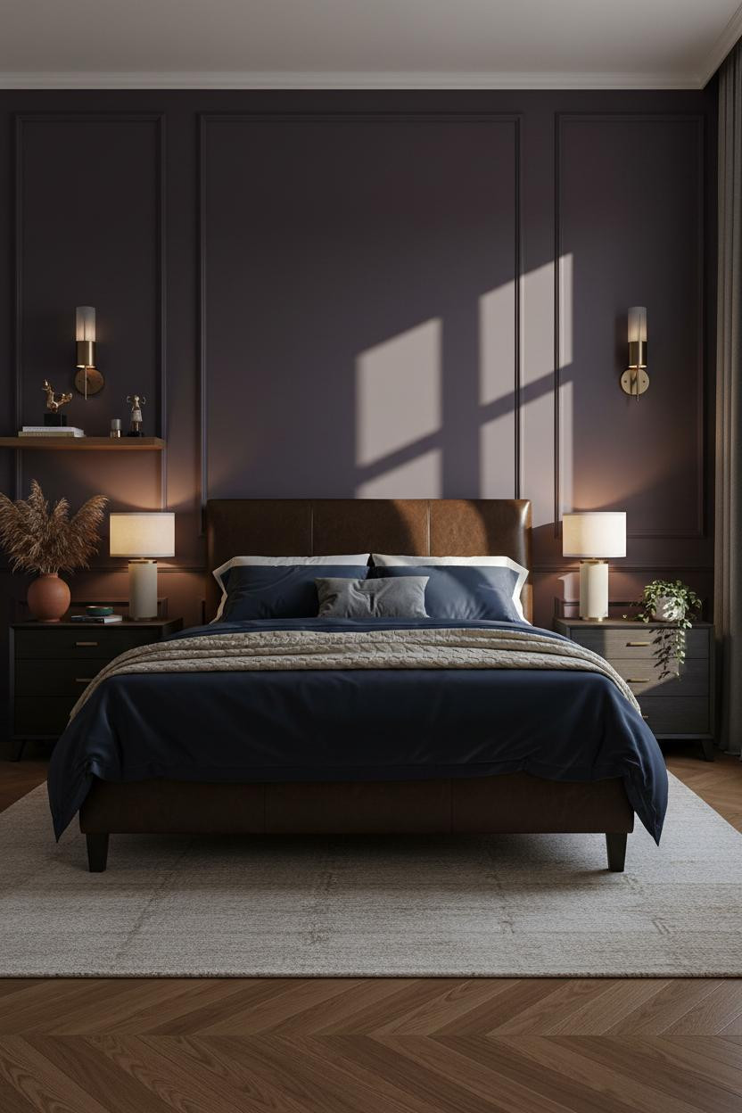 Romantic Bedroom Dark Aubergine Paneling