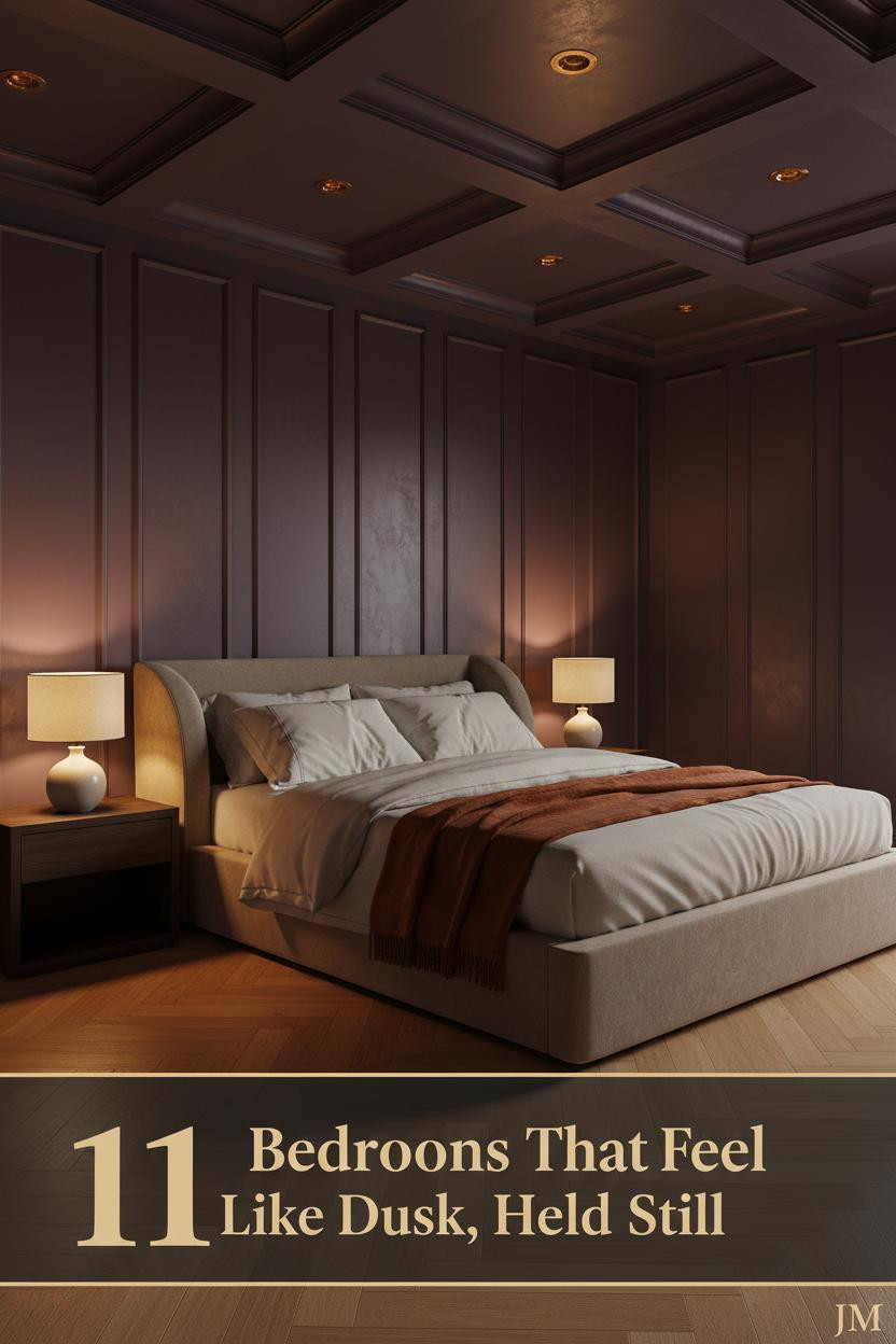 Dark romantic bedroom with deep aubergine limewash walls, cream percale bedding, rust linen throw, oak parquet floor, and amber sconce lighting