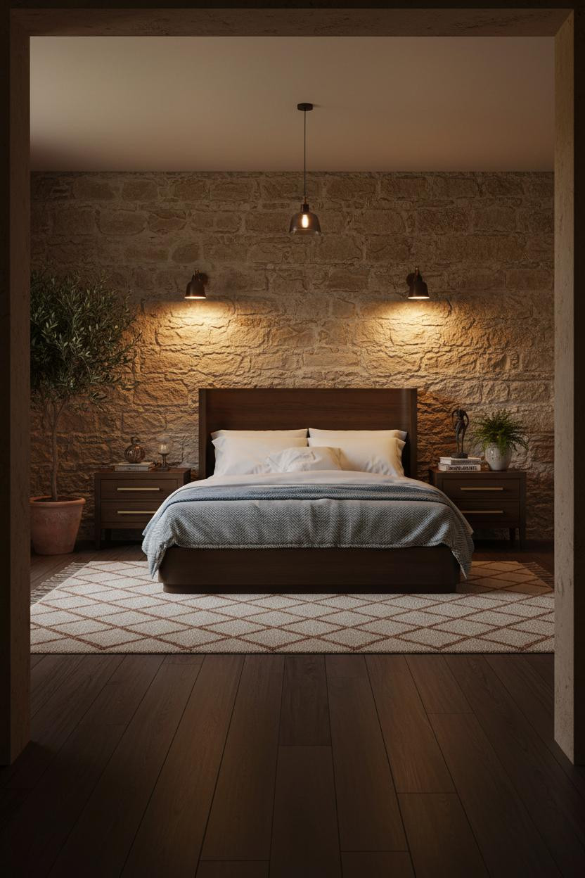 Rustic Bedroom Stone Accent Wall Lighting