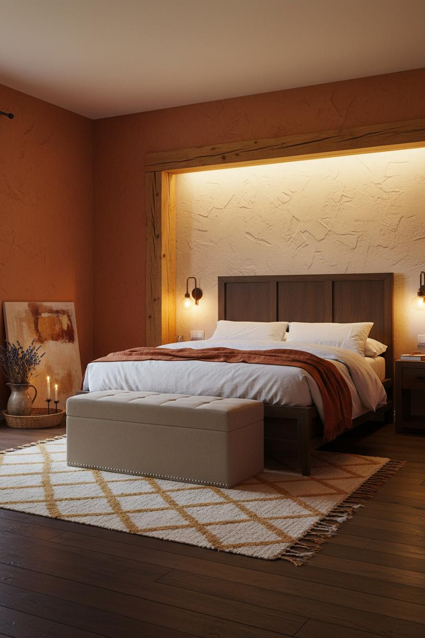 Rustic Bedroom Wood Beams Amber Lighting