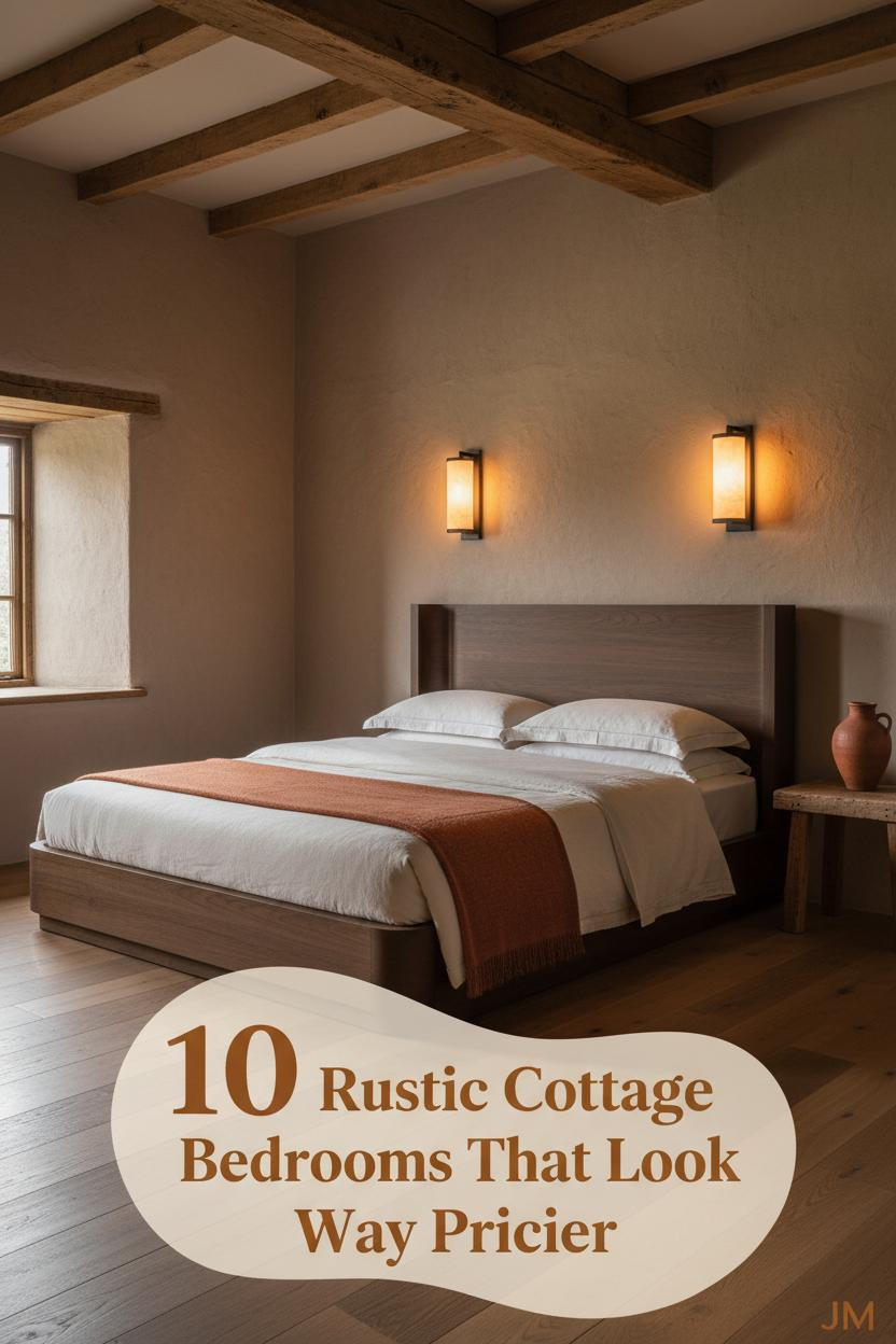 Rustic cottage bedroom with warm taupe plaster walls, exposed ceiling beams, cream linen bedding, rust mohair throw, and amber iron sconces