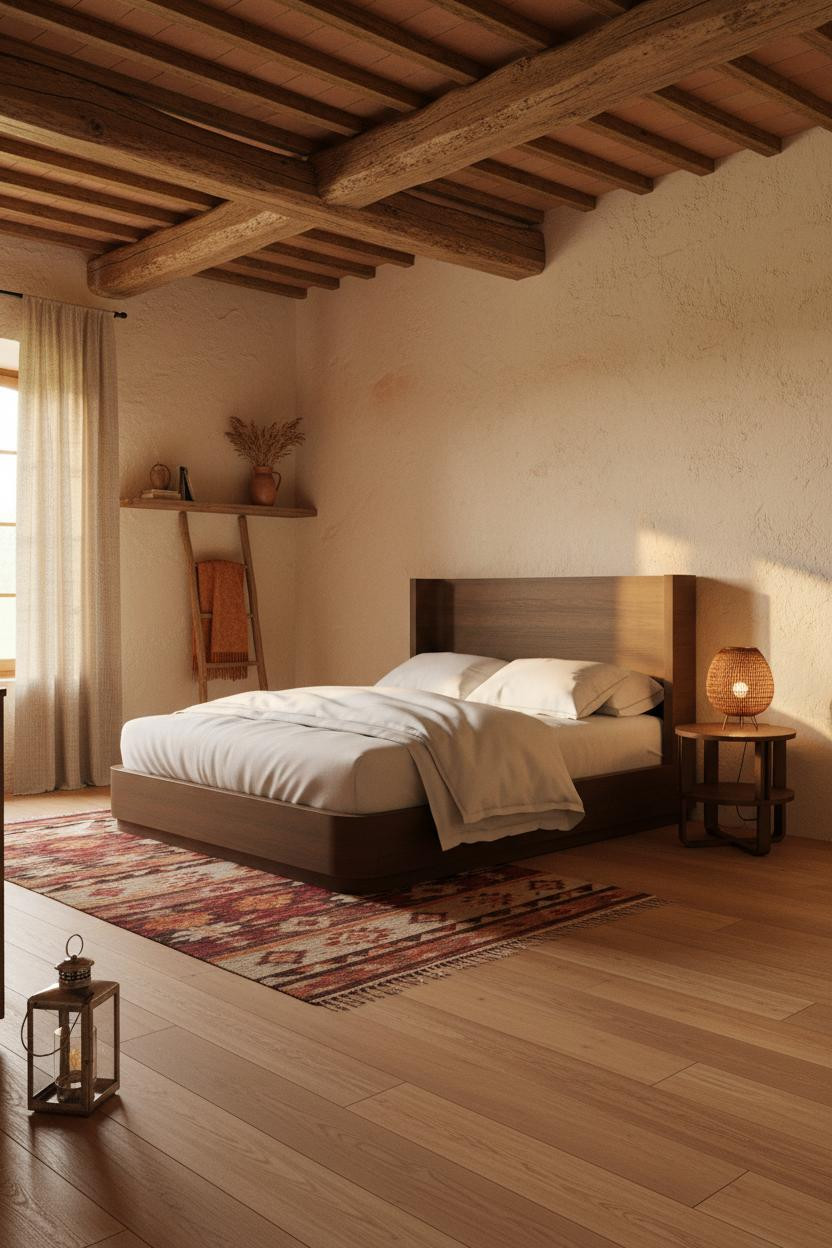 Rustic Farmhouse Bedroom Exposed Beams Warm Light