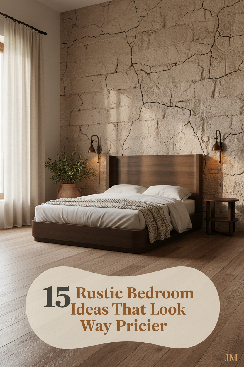 Rustic bedroom with raw limestone accent wall, reclaimed oak floors, ivory linen bedding, chunky knit throw, and warm amber sconce lighting