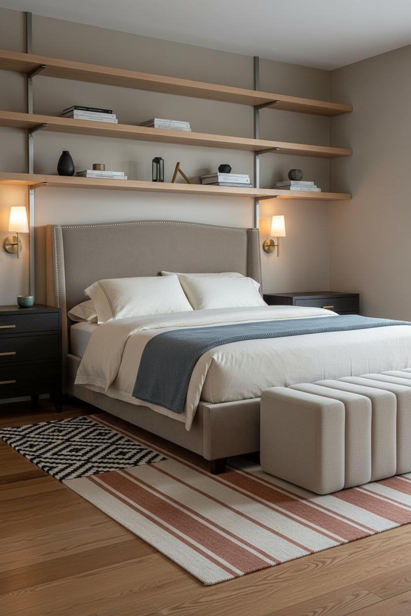 Simple Bedroom Couples Farmhouse Shelving