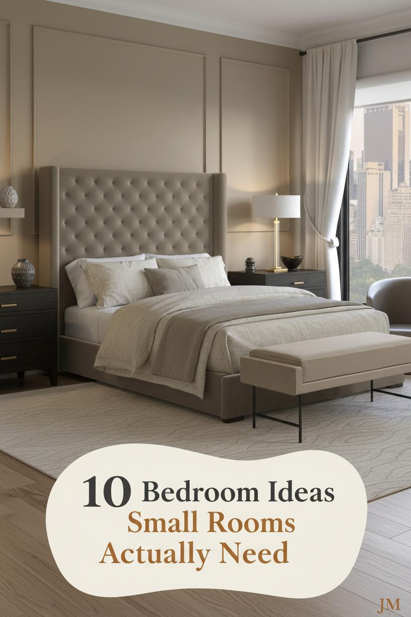 Small couple bedroom with warm greige board-and-batten walls, bleached oak floors, ivory linen bedding, and soft natural daylight through linen curtains