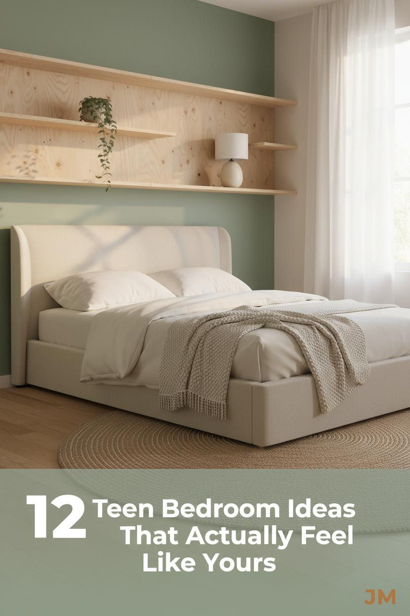 Minimalist teen bedroom with sage green wall, birch shelving, ivory cotton bedding, chunky knit throw, and warm afternoon light on oak floors