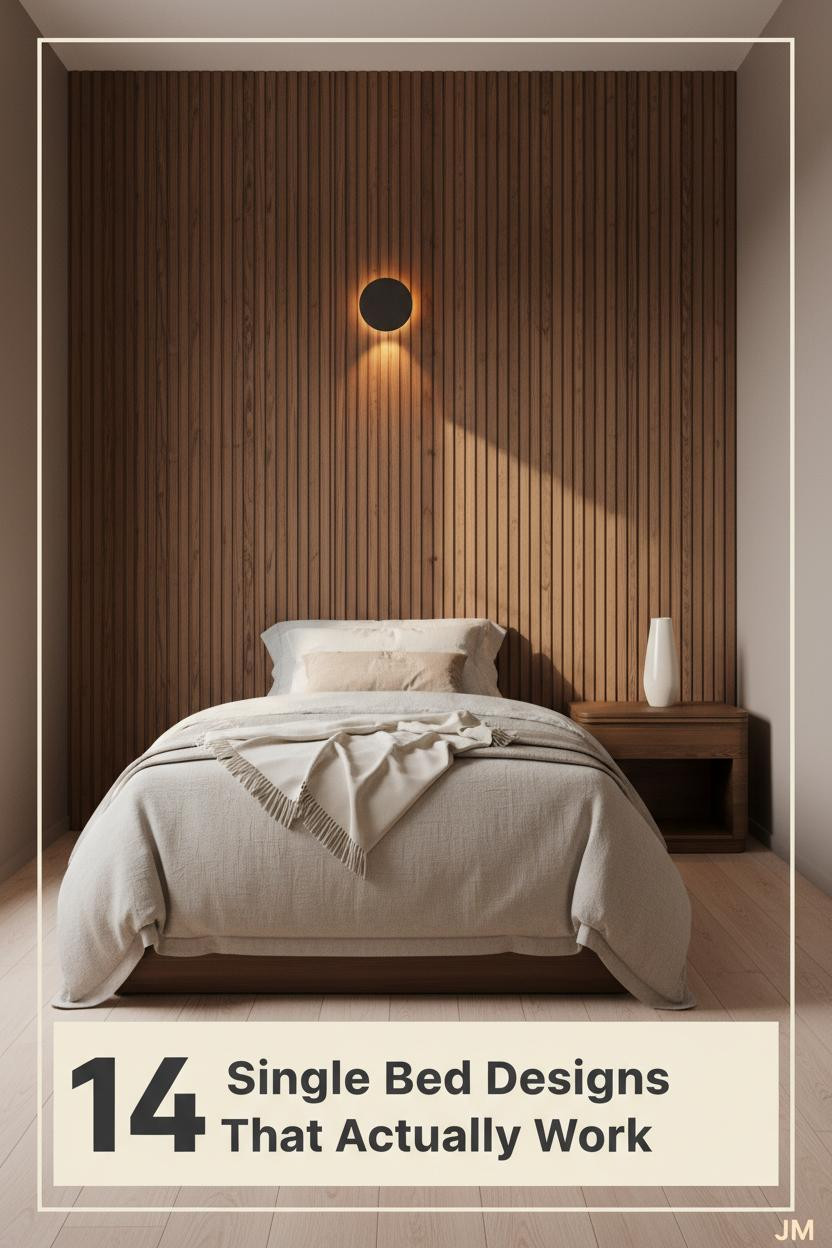 Compact single bedroom with walnut slatted headwall panel, pale birch flooring, oatmeal linen bedding, ivory throw, and warm amber wall sconce lighting