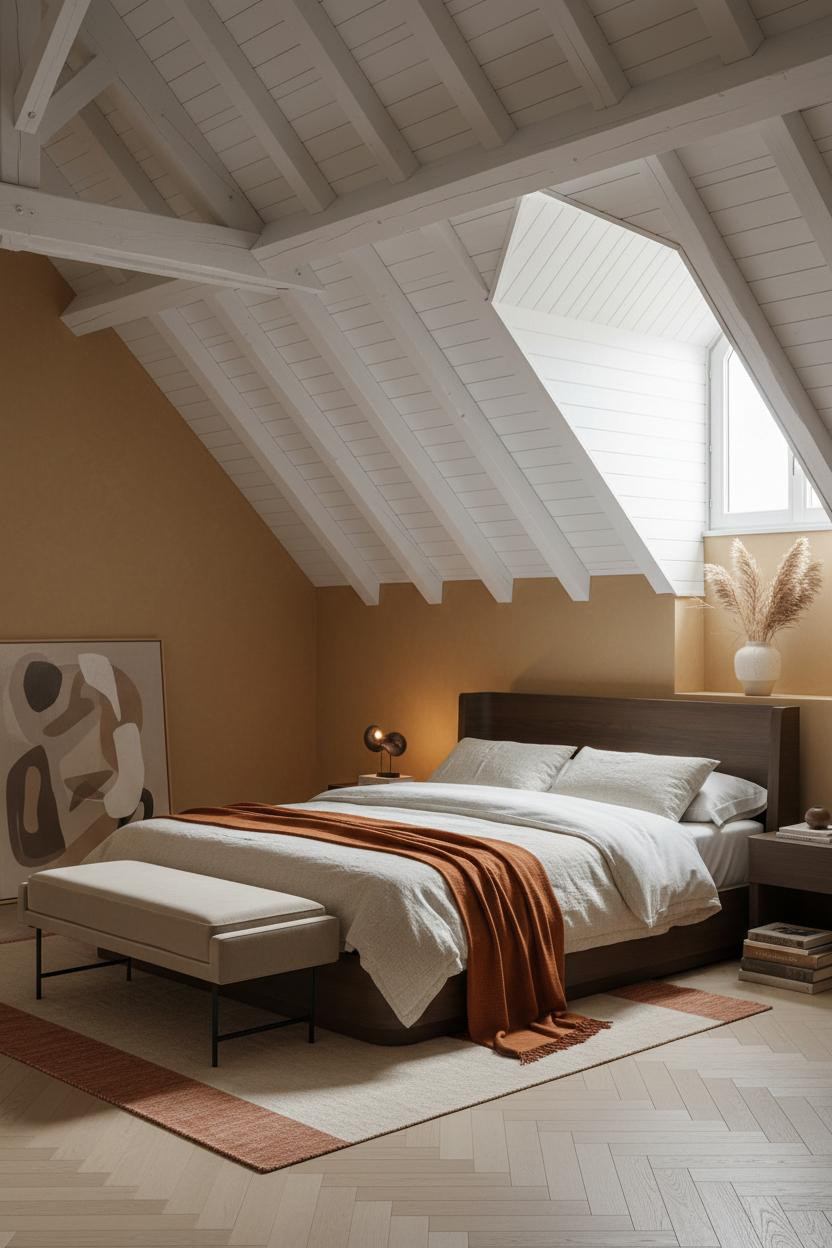 Slanted Ceiling Bedroom Ochre Plaster Timber