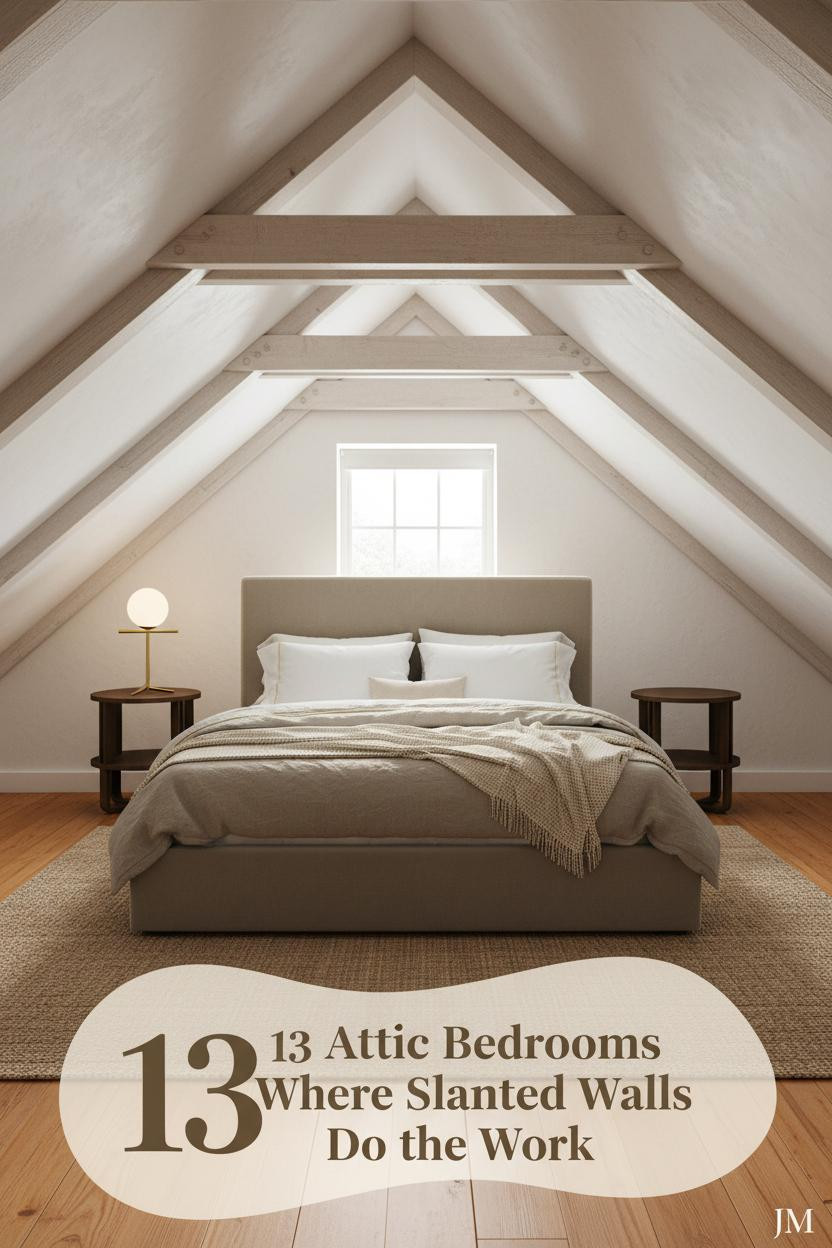 Cozy low attic bedroom with limewash timber rafters, sloped plaster ceiling, taupe linen bedding, cream throw, and warm amber hardwood floors lit by dormer daylight