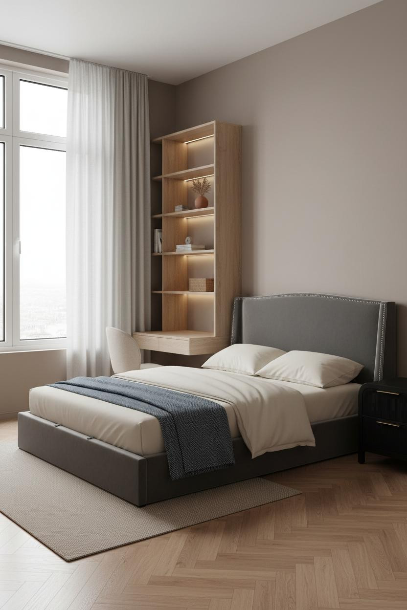 Small Bedroom Layout Floating Desk Storage