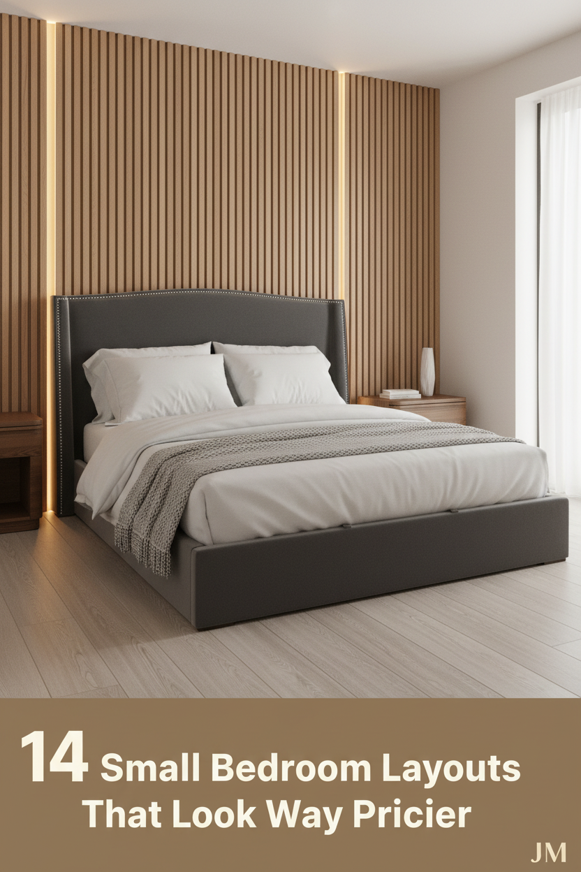 Compact bedroom with floor-to-ceiling oak slatted paneling, warm LED lighting, white linen bedding, stone-grey throw, and walnut nightstand
