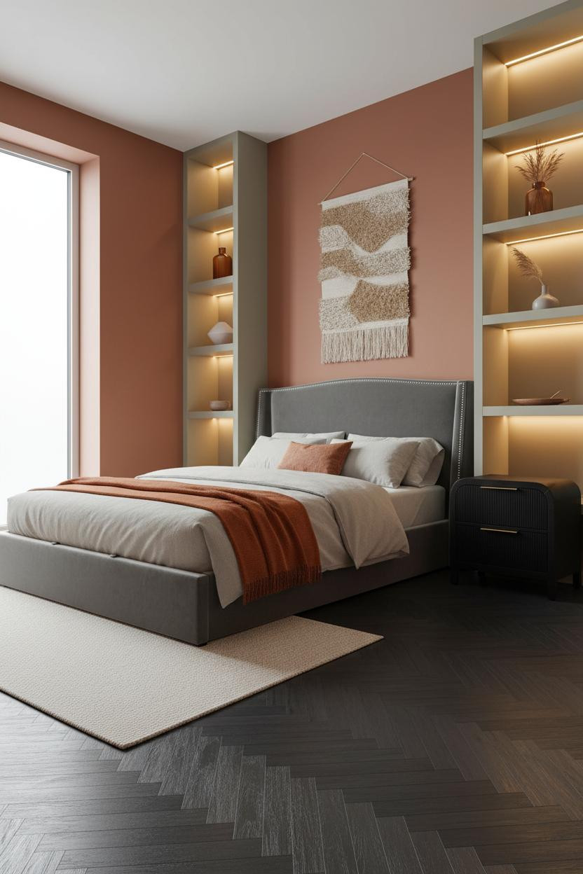 Small Bedroom Layout Japandi Shelving