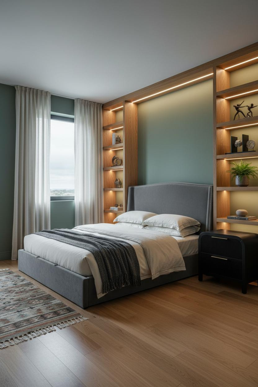 Small Bedroom Layout Oak Shelving Storage