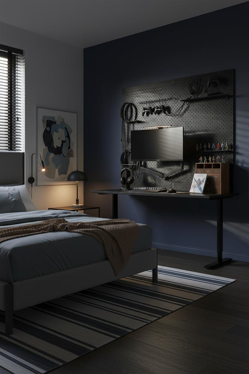 Small Gaming Bedroom Dark Urban Pegboard