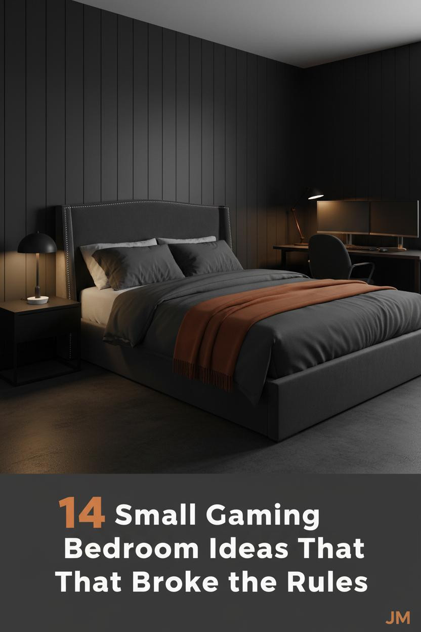 Small gaming bedroom with matte black walls, dual monitors, graphite platform bed, burnt orange accents, amber task lamp, and concrete flooring