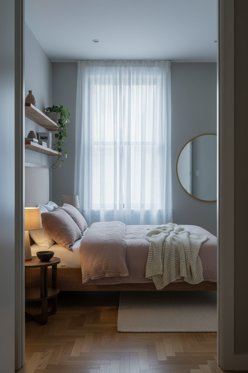 Small Guest Bedroom Daybed Oak Shelves