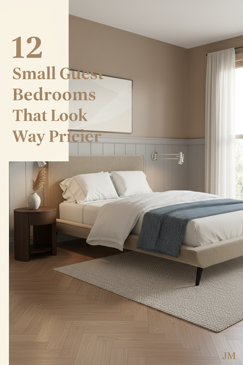 Compact guest bedroom with dove grey wainscoting, warm taupe walls, honey oak herringbone floor, ivory bedding, and steel blue throw