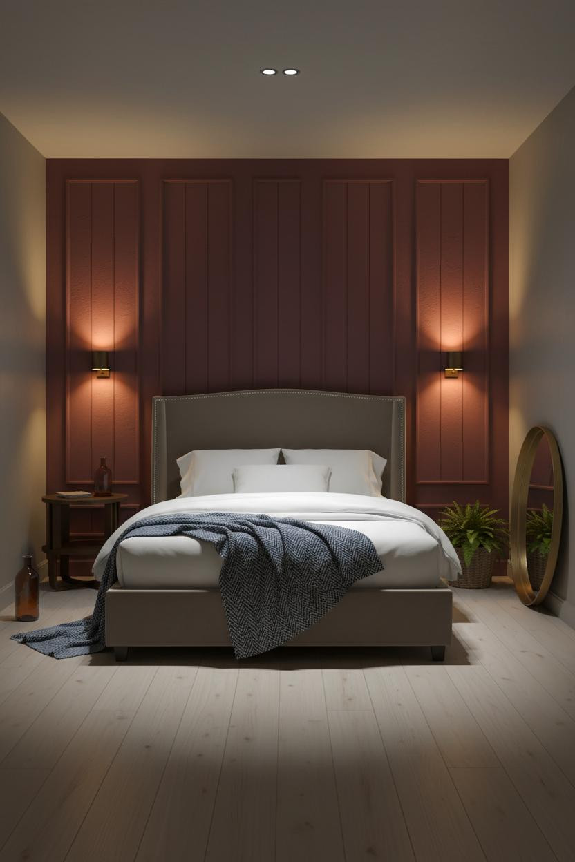 Small Moody Bedroom Burgundy Batten Wall