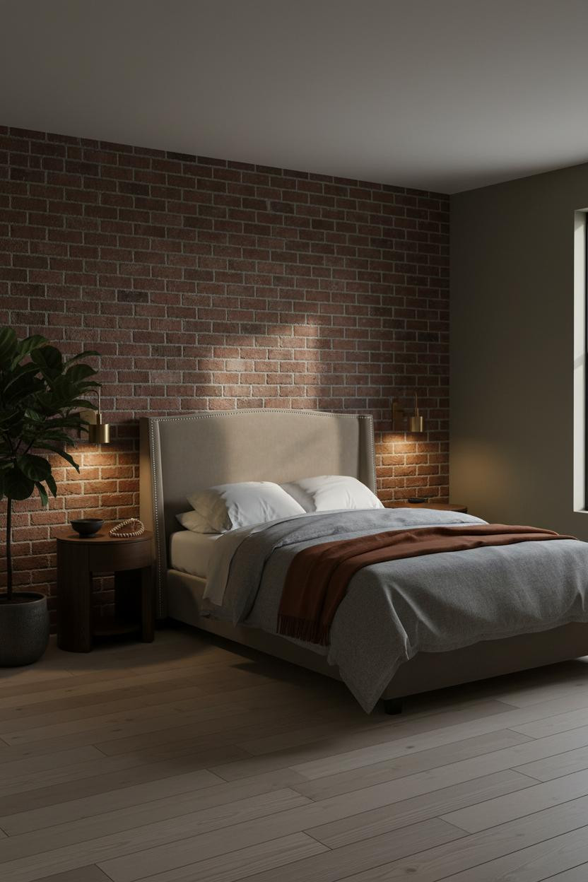 Small Moody Bedroom Exposed Brick Sconces