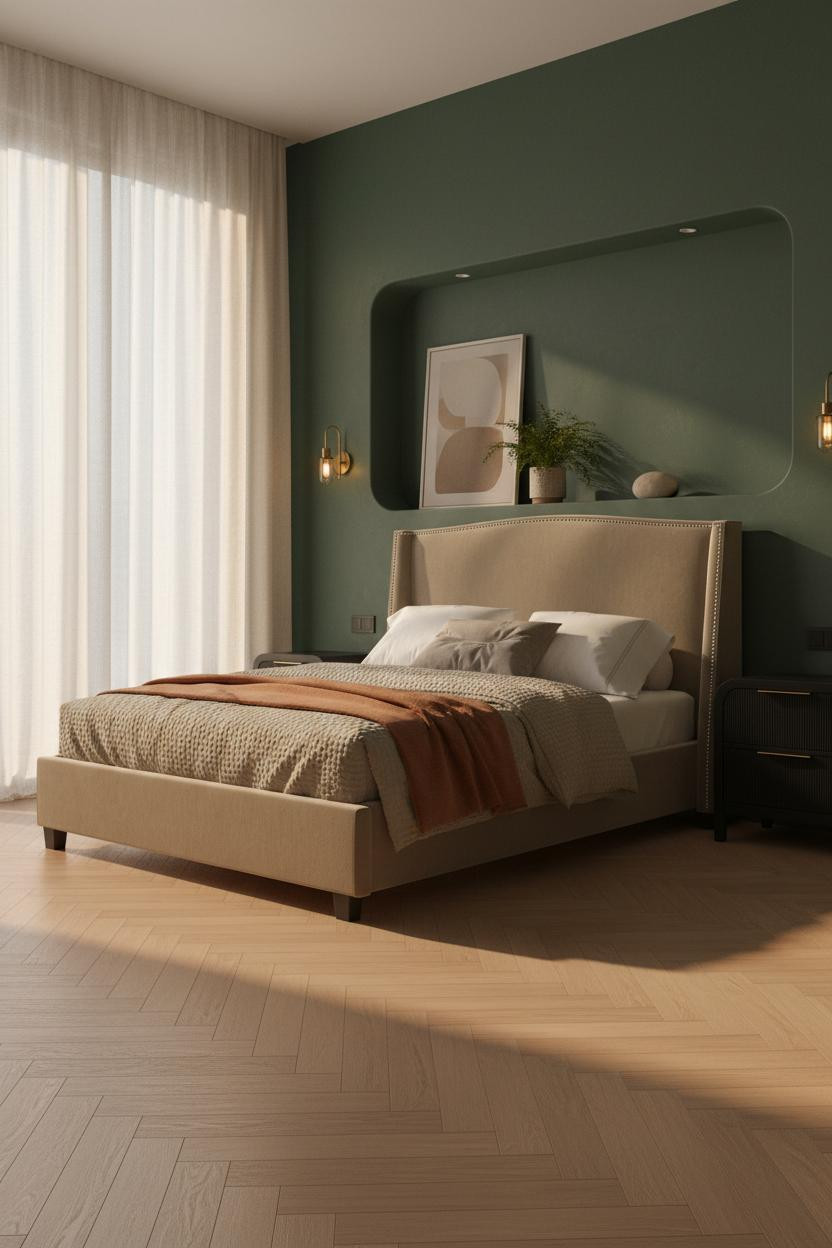 Small Moody Bedroom Green Niche Lighting