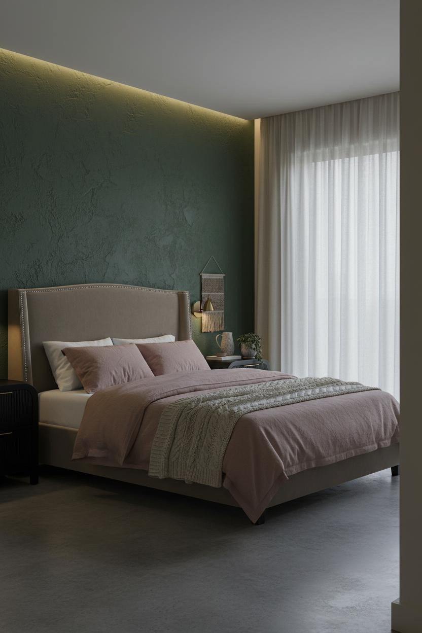 Small Moody Bedroom Green Plaster Accent