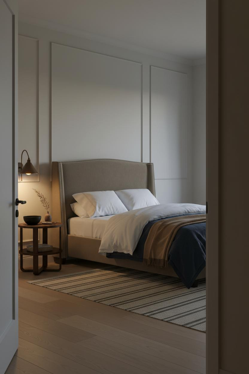 Small Moody Bedroom Grey Wainscoting Sconce