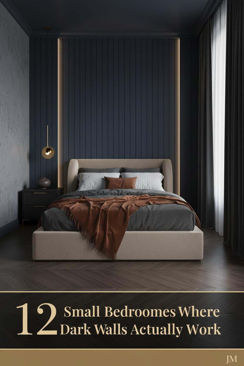 Small moody bedroom with deep indigo panel walls, charcoal linen bedding, rust wool throw, brass sconce, and dark herringbone parquet floor