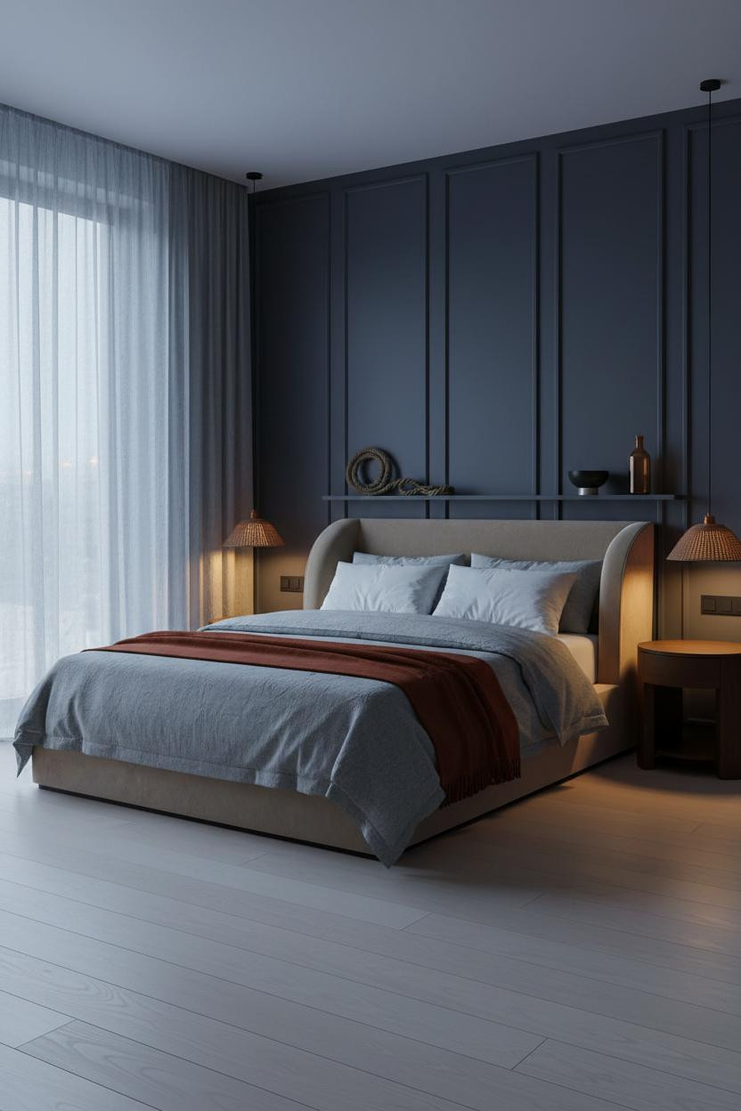Small Moody Bedroom Indigo Paneled Wall