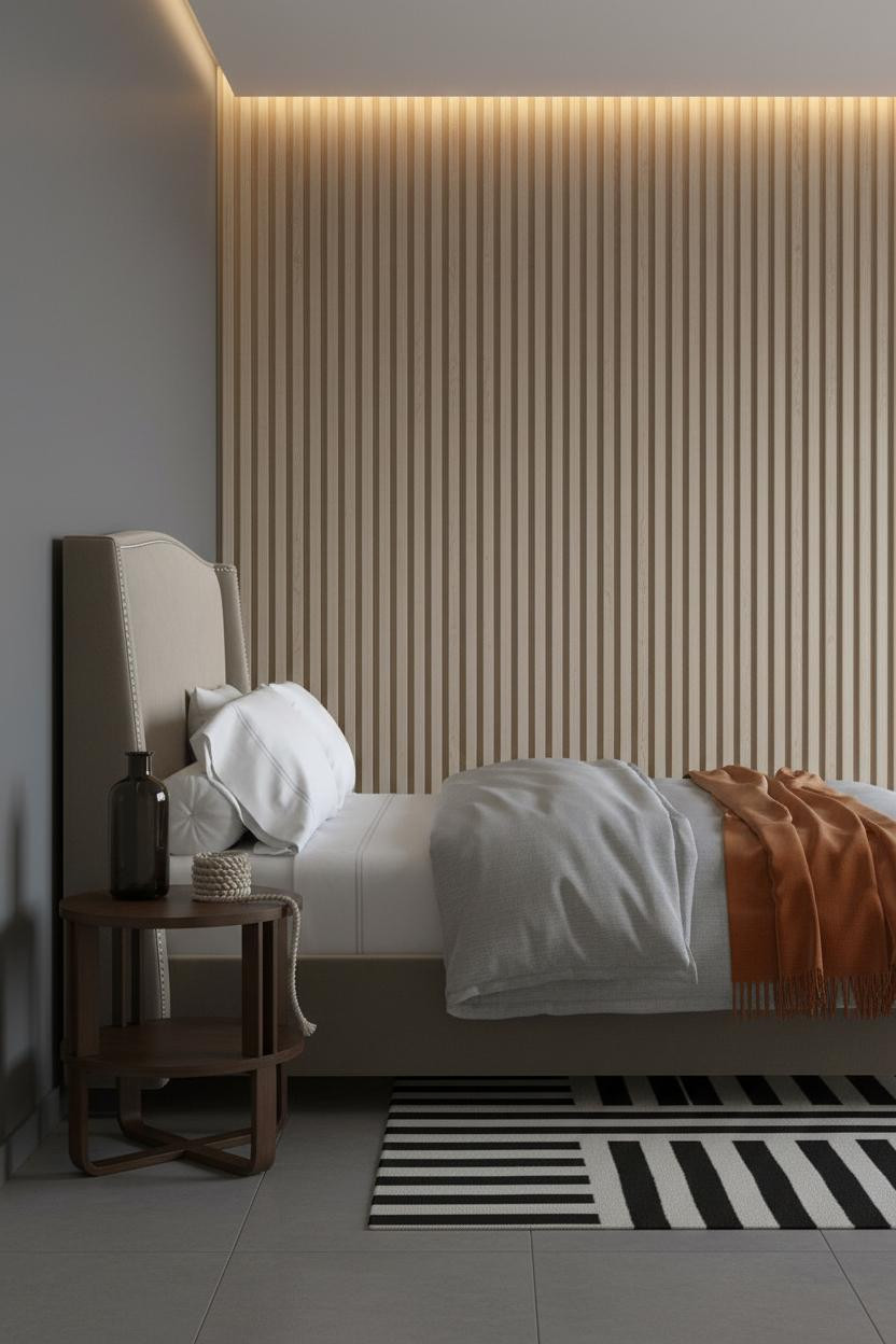 Small Moody Bedroom Japandi Slatted Wall