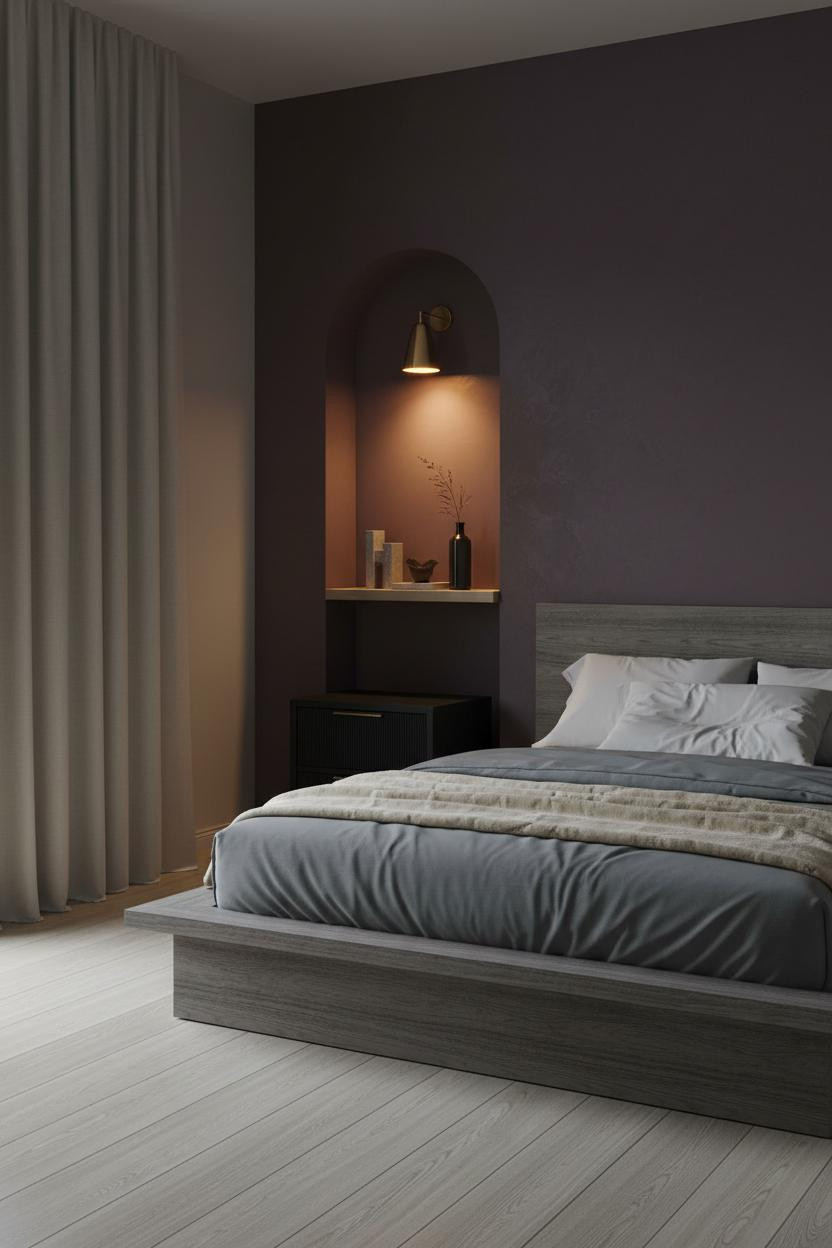 Small Moody Bedroom Plum Alcove Brass