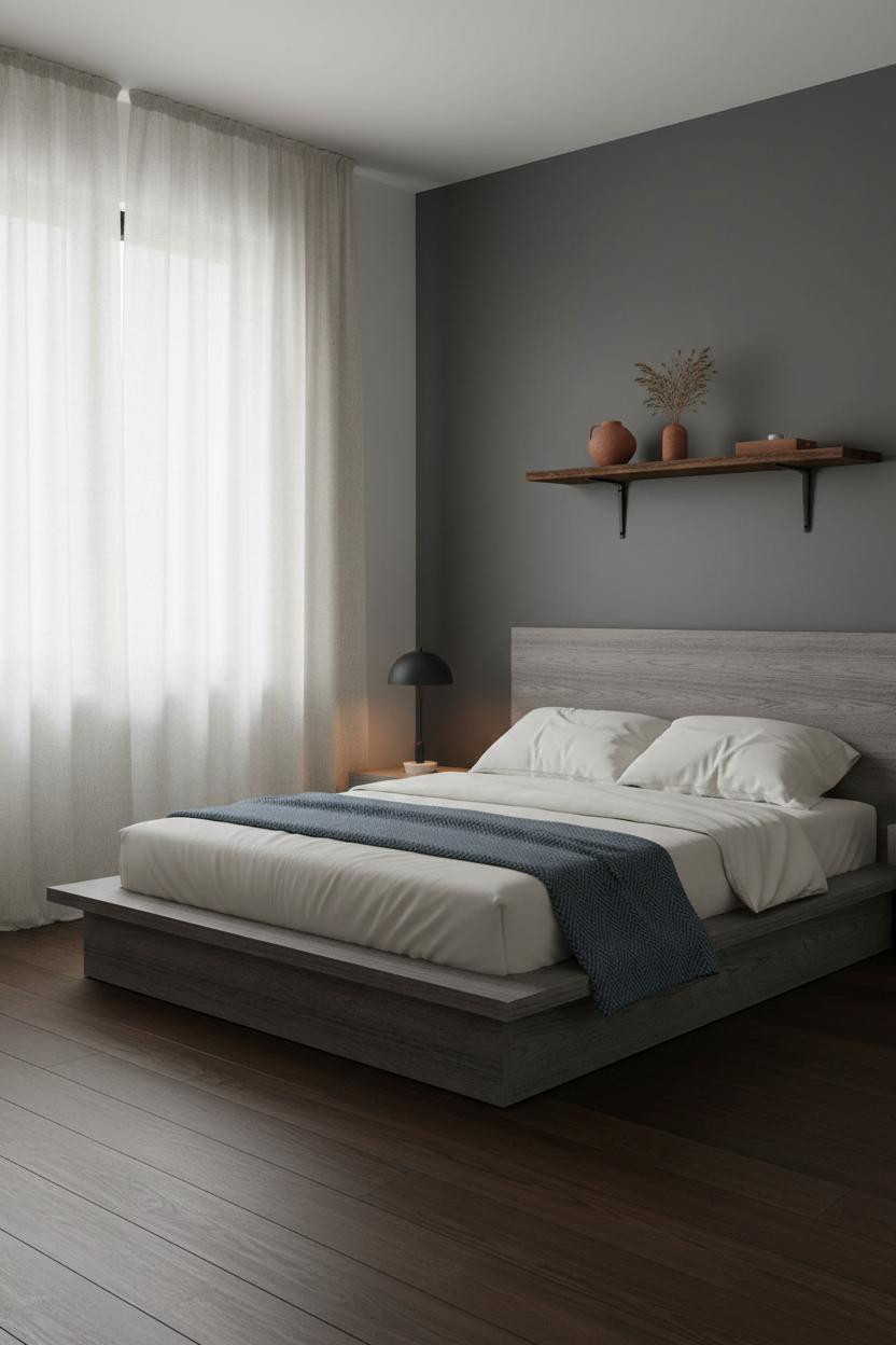 Small Moody Bedroom Walnut Shelf Charcoal