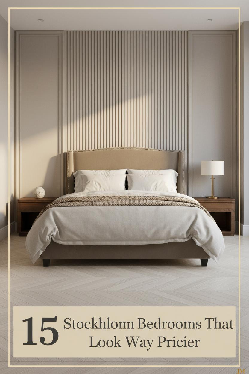 Stockholm bedroom with ash slat accent wall, ivory linen bedding, oatmeal boucle throw, birch herringbone parquet, and warm Nordic morning light