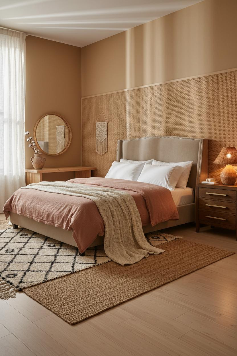 Studio Apartment Boho Rattan Warm Lighting