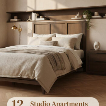Warm studio apartment with walnut shelf wall, hand-plastered walls, honey herringbone parquet floors, brass sconce, and oatmeal linen bedding