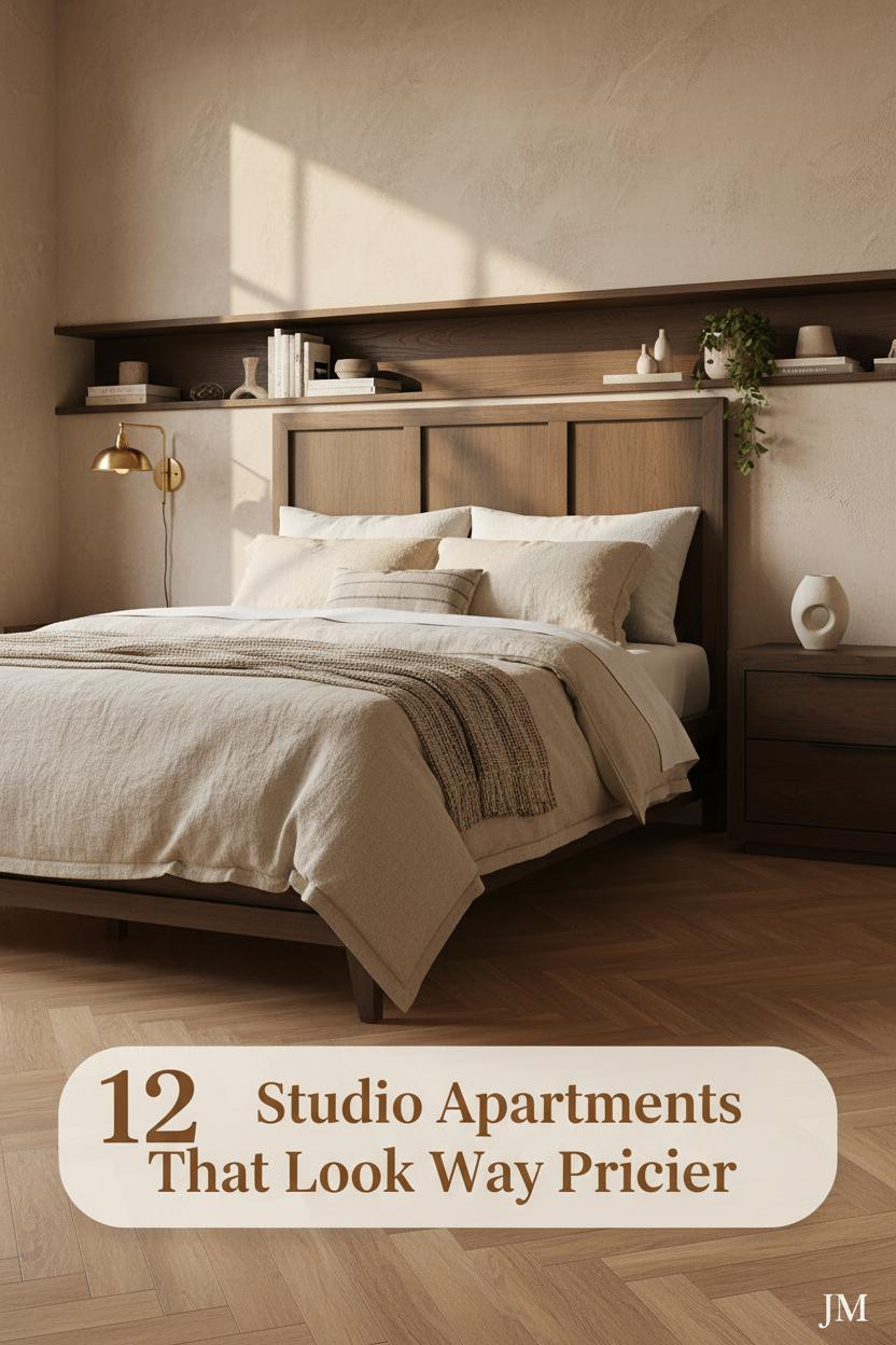 Warm studio apartment with walnut shelf wall, hand-plastered walls, honey herringbone parquet floors, brass sconce, and oatmeal linen bedding