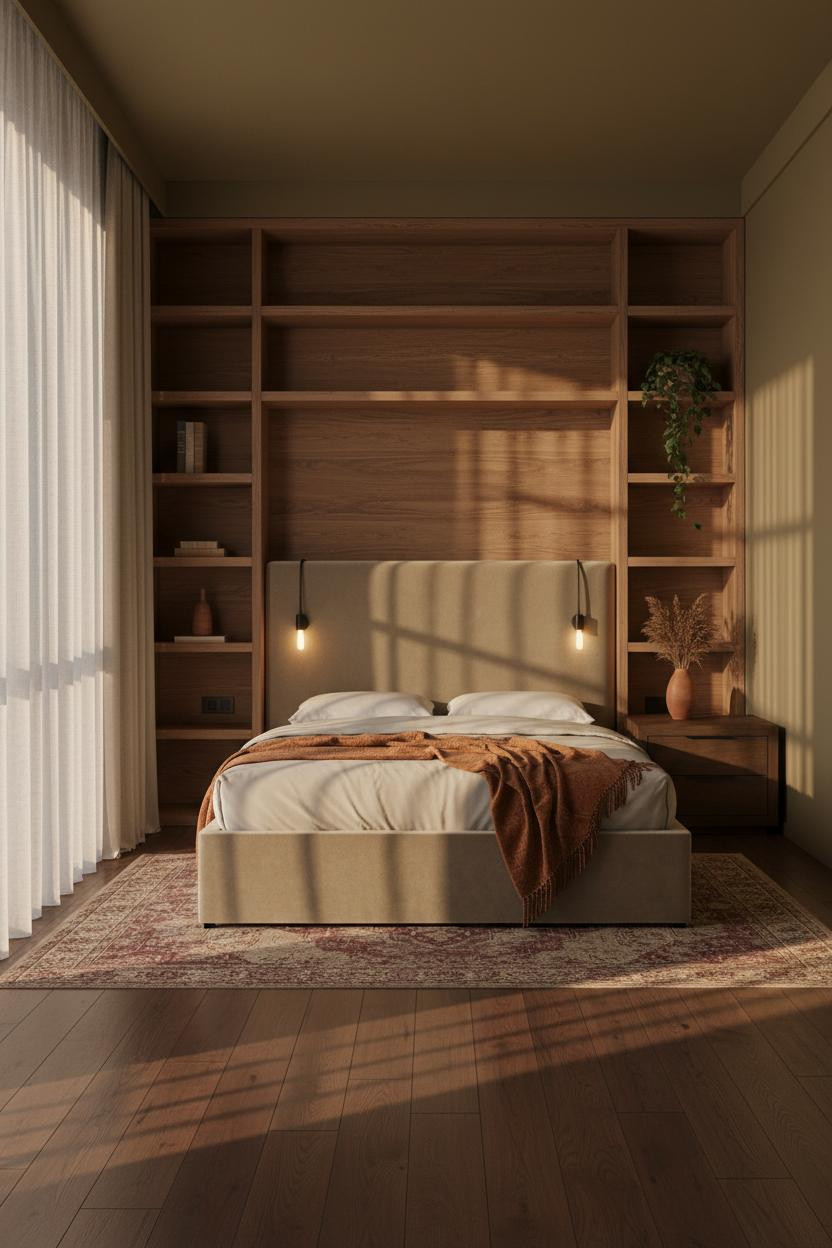 Studio Apartment Japandi Walnut Shelves