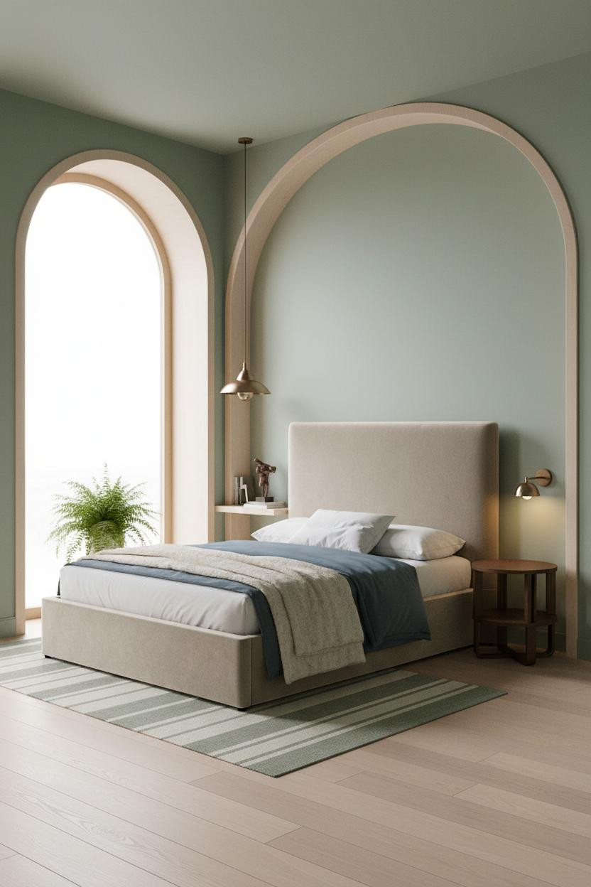 Studio Apartment Sage Green Arched Niche
