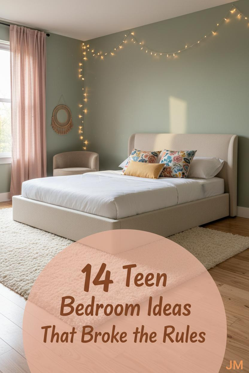 Cozy teen bedroom with sage green accent wall, fairy lights, cream rug, dusty rose curtains, layered pillows, and pine flooring
