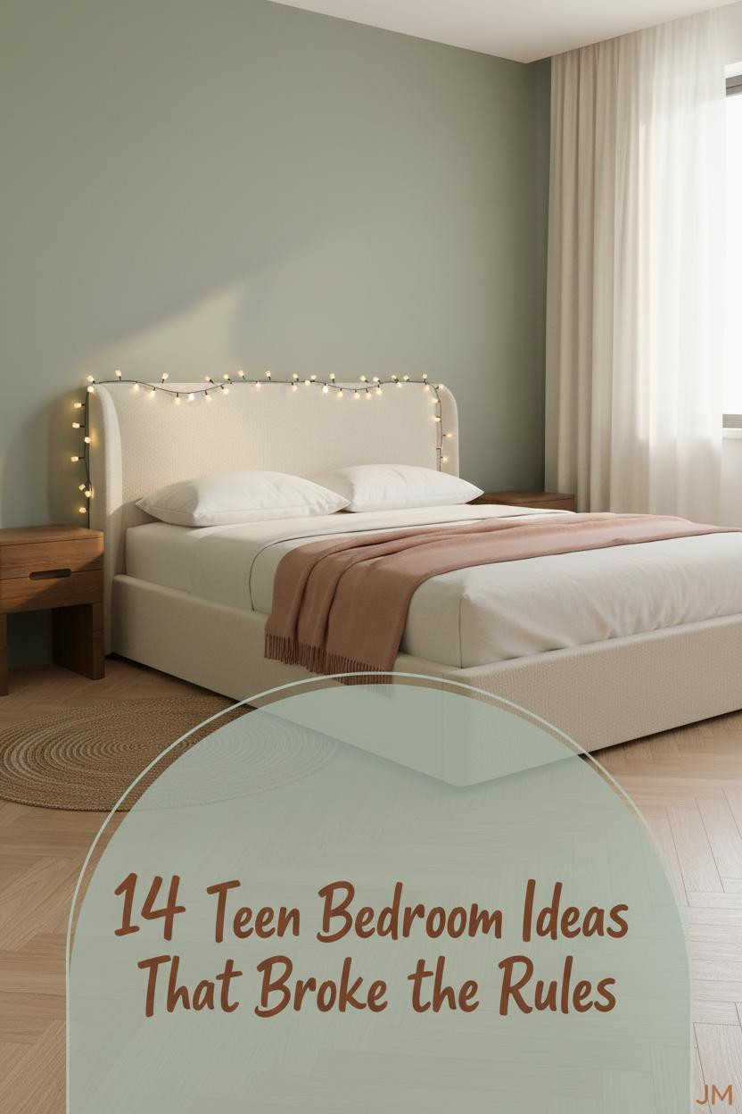 Cozy teen bedroom with dusty sage accent wall, fairy string lights, cream linen bedding, dusty rose throw, and warm oak herringbone floors