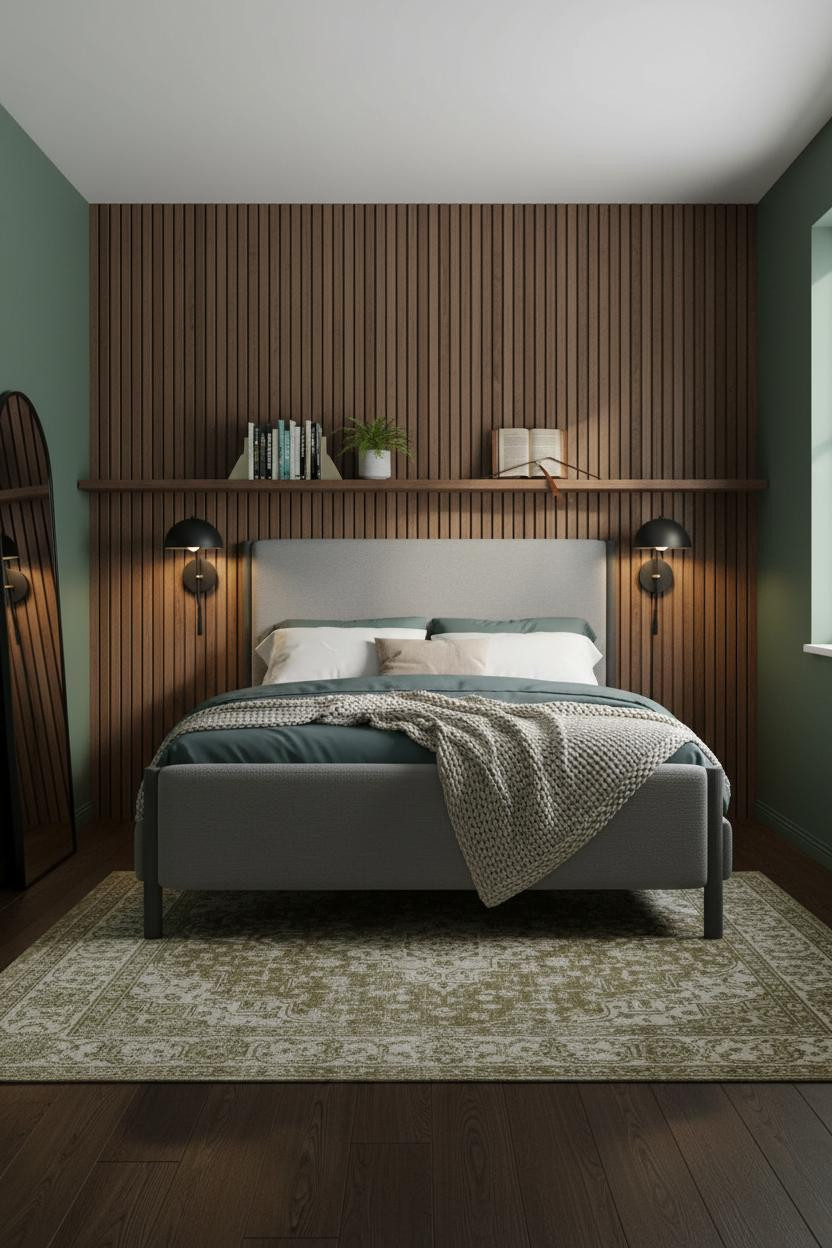 Teen Boy Bedroom Scandi Walnut Headwall Forest Green Modern