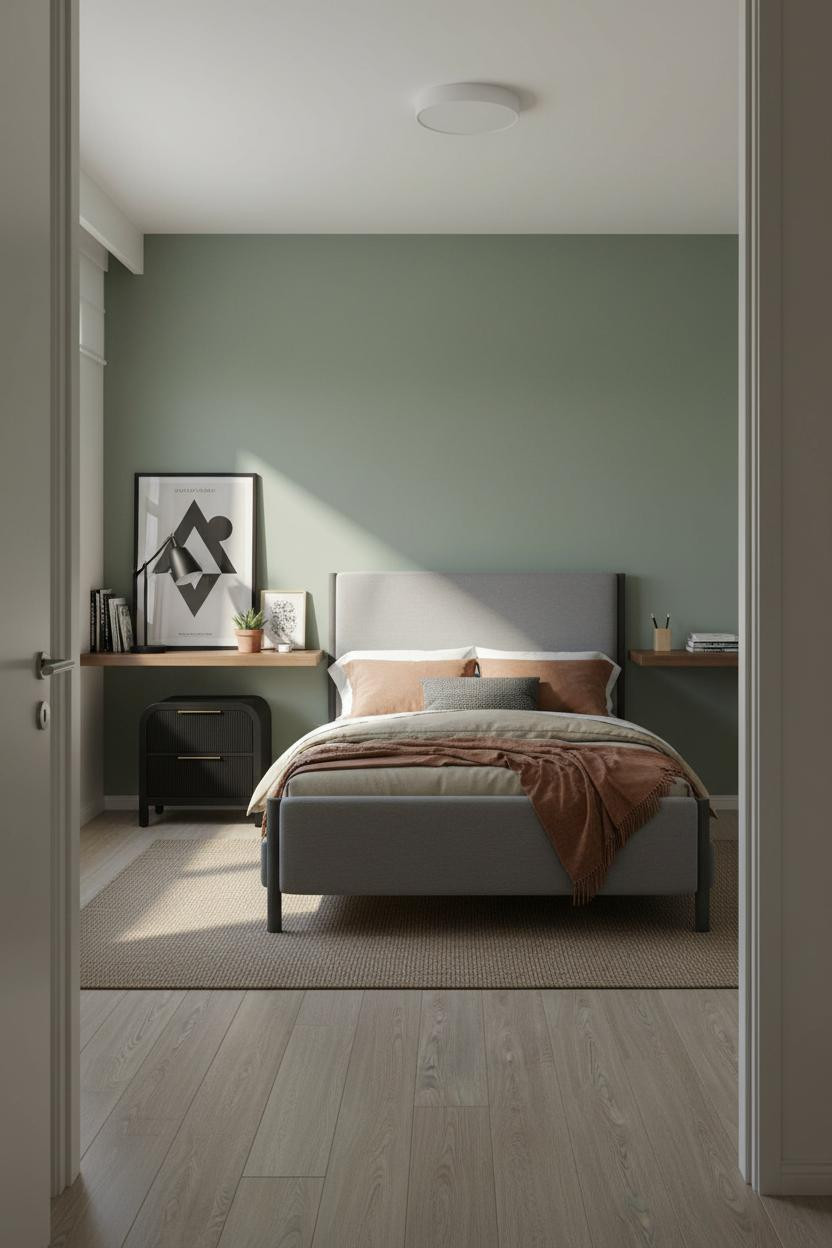 Teen Boy Bedroom Walnut Desk Sage Green Accent Wall