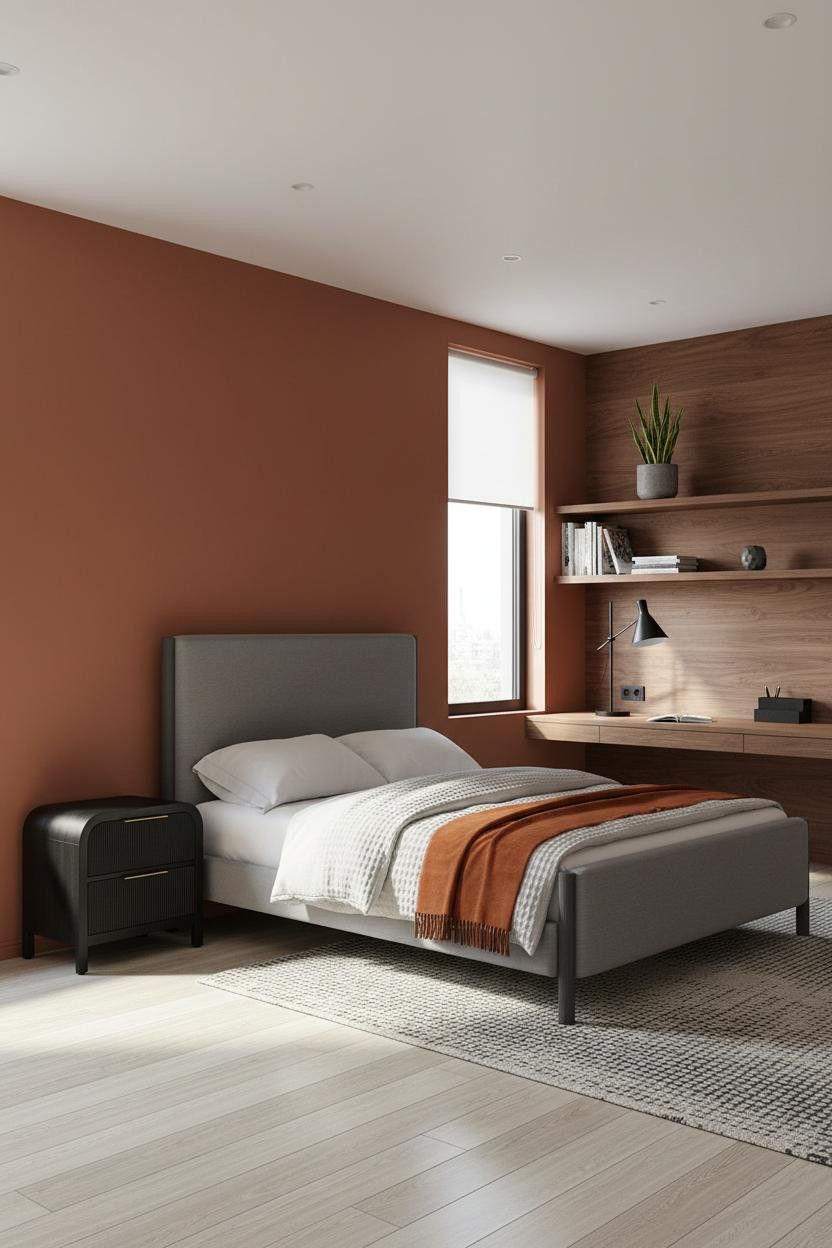 Teen Boy Bedroom Walnut Shelves Modern Design Rust Walls