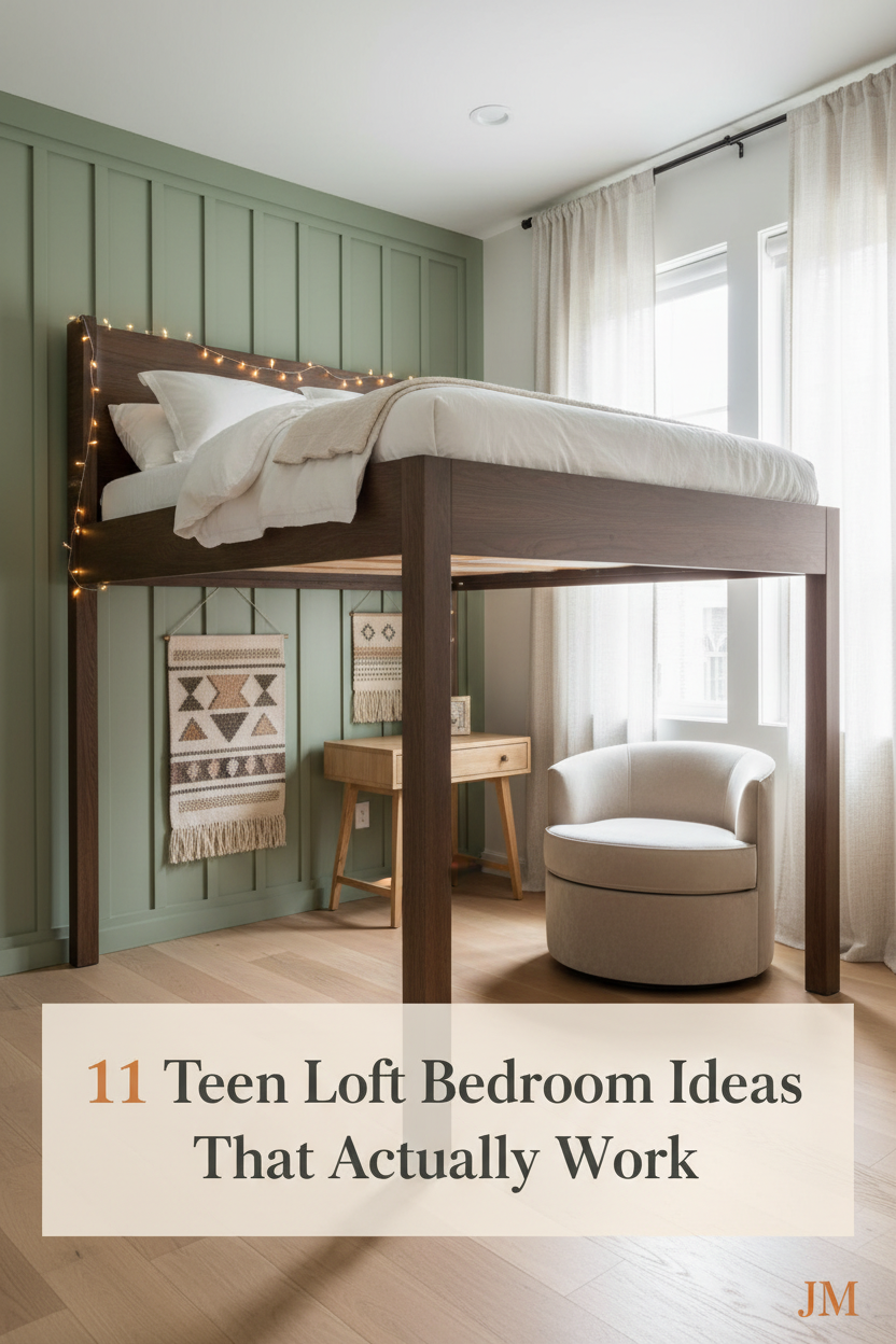 Compact teen loft bedroom with sage board-and-batten wall, cream bedding, fairy lights, bleached oak floors and sheer linen curtains