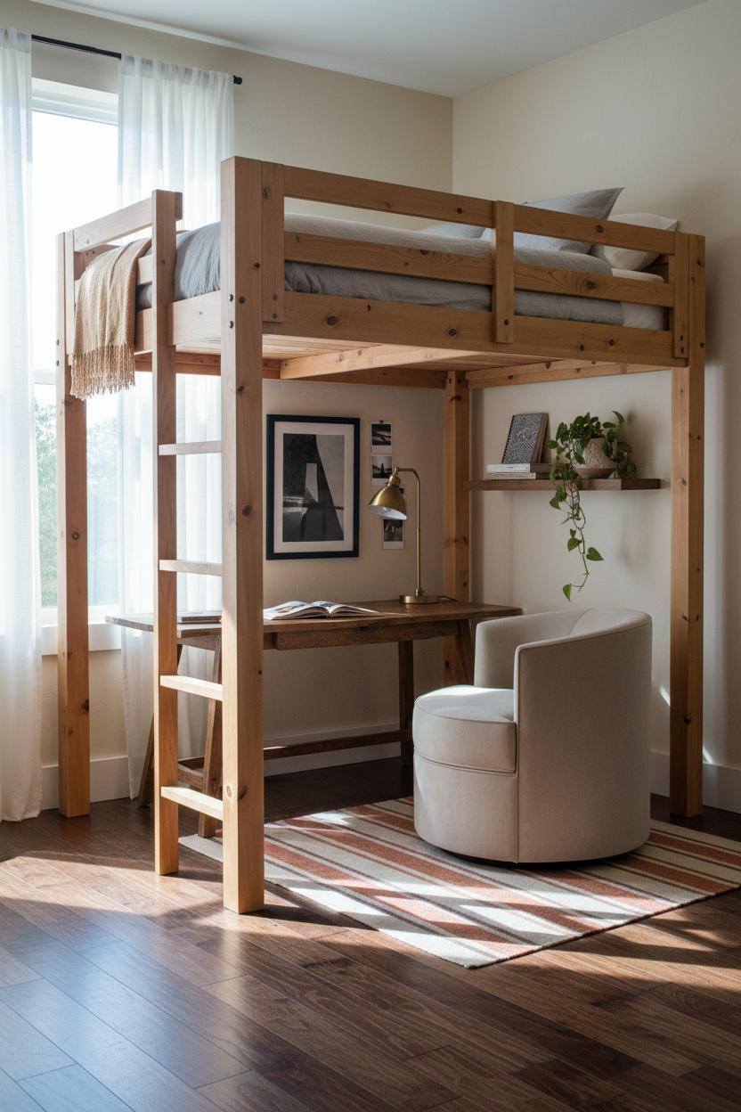 Teen Loft Bedroom Natural Wood Study Zone