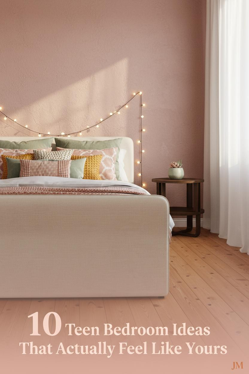 Teen bedroom with dusty blush limewash accent wall, warm pine floors, cream bedding, colorful pillows, fairy lights, and sage ceramic planter