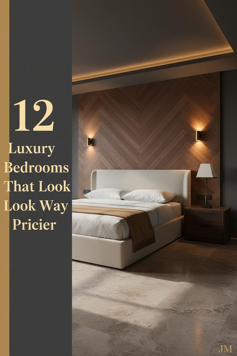 Ultra luxury master bedroom with charcoal plaster walls, walnut herringbone feature wall, ivory linen bedding, brass sconces, and travertine floors