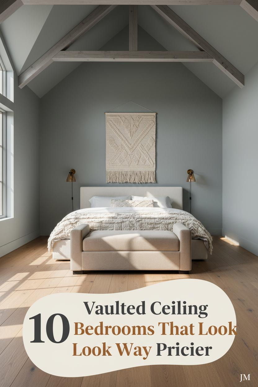 Vaulted master bedroom with grey-washed wood trusses, greige-blue plaster walls, honey oak floors, ivory linen bedding, and warm afternoon light